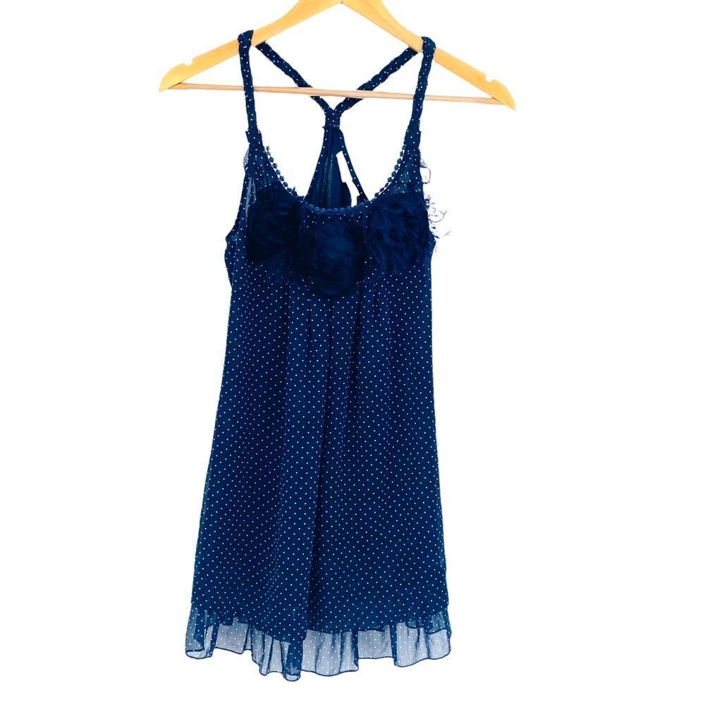 Blue Bird navy and white polka dot flower detail racer back tunic size small